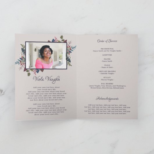 オリーブ紫の緑の写真葬プログラム 招待状 (内部)