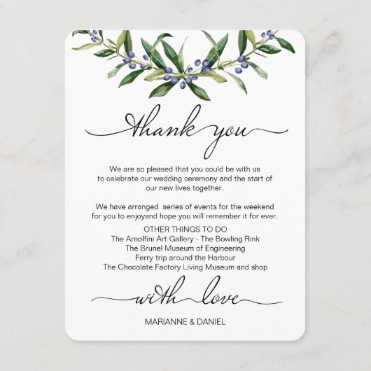 オリーブ結婚の旅程の歓迎 エンクロージャーカード (裏面)