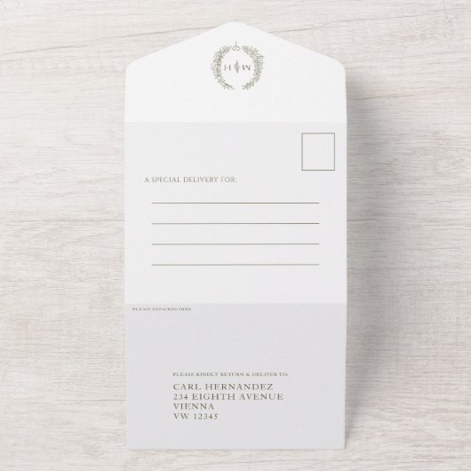 オリーブ結婚グリーン白い楕円形の葉モノグラム写真 オールインワン招待状 (外側)