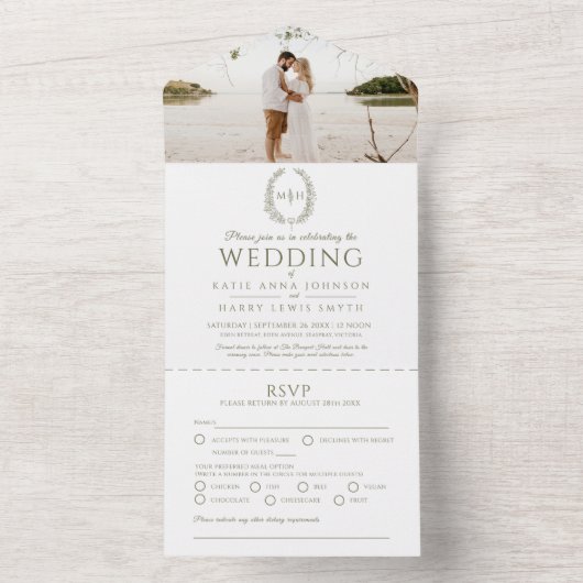 オリーブ結婚グリーン白い楕円形の葉モノグラム写真 オールインワン招待状 (内側)