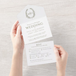 オリーブ結婚グリーン白い楕円形モノグラ葉ム オールインワン招待状