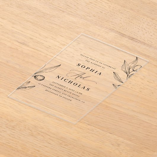 オリーブ結婚植物薬 | エレガントイタリアン緑 アクリル招待状 (レイダウン)