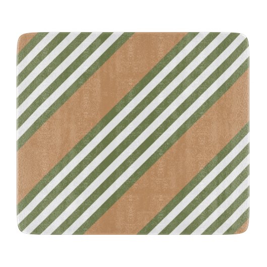 オリーブ緑と白5色のタンストライプ付きパターン カッティングボード (正面)