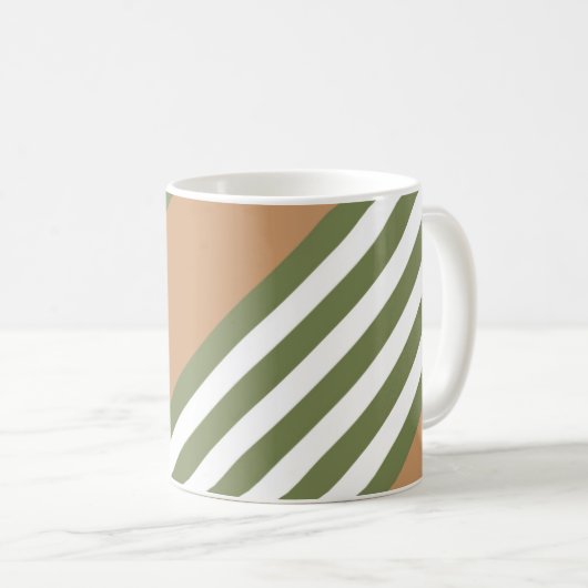 オリーブ緑と白5色のタンストライプ付きパターン コーヒーマグカップ (正面右)