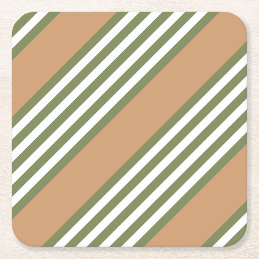オリーブ緑と白5色のタンストライプ付きパターン スクエアペーパーコースター (正面)