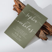 オリーブ緑のスクリプトのミニマル婚約パーティ 招待状