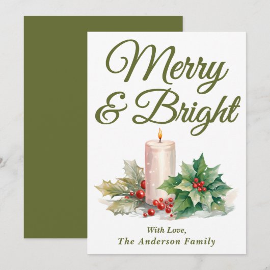 オリーブ緑の手書きスクリプメリート&ブライト シーズンカード (正面/裏面)