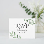 オリーブ緑の植物水の色の結婚式RSVP ポストカード (スタンド正面)