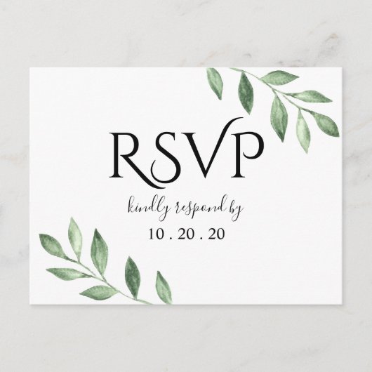 オリーブ緑の植物水の色の結婚式RSVP ポストカード (正面)