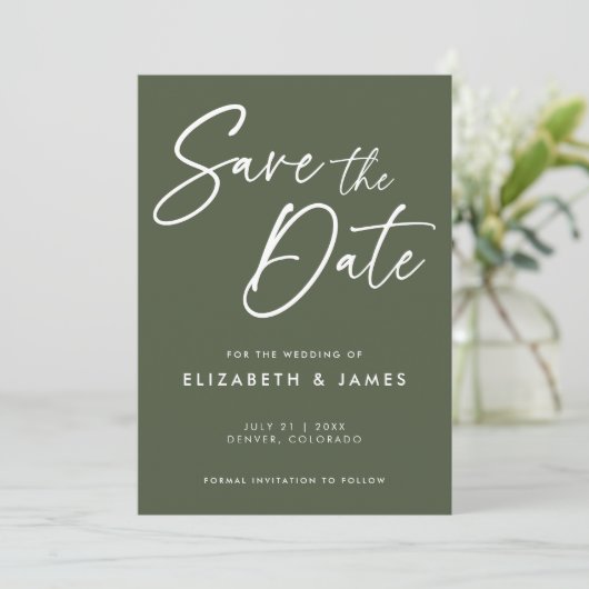 オリーブ緑の結婚式を保存する日付招待状 招待状 (スタンド正面)