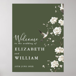 オリーブ緑の結婚Chinoiserieの歓迎サイン ポスター