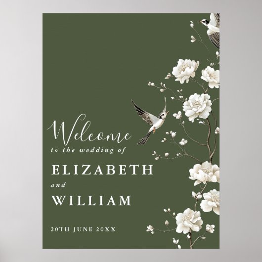 オリーブ緑の結婚Chinoiserieの歓迎サイン ポスター (正面)