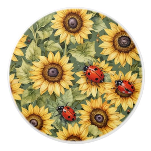 オリーブ緑ひまわりレディーバグガーデンゼン セラミックノブ (正面)