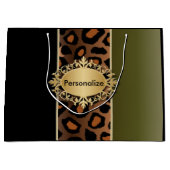 オリーブ色および黒のヒョウパターン ラージペーパーバッグ (正面)