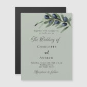 オリーブ葉のシンプル緑のスクリプト結婚ラグジュアリー マグネット招待状 (正面/裏面)