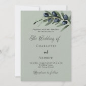 オリーブ葉のシンプル緑のスクリプト結婚ラグジュアリー 招待状 (正面)