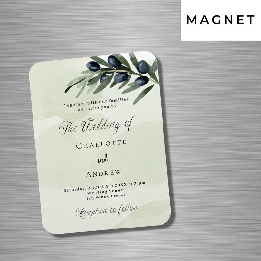 オリーブ葉の緑の水彩結婚式招待状 マグネット