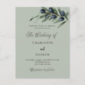 オリーブ葉の緑シンプルのの脚本集結婚中 インビテーションポストカード (正面)