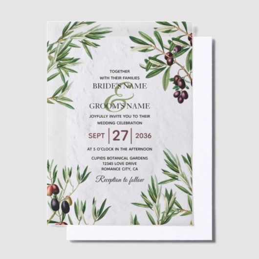 オリーブ葉地中海のギリシ結婚ア島 ベラム紙招待状 (オフセット)