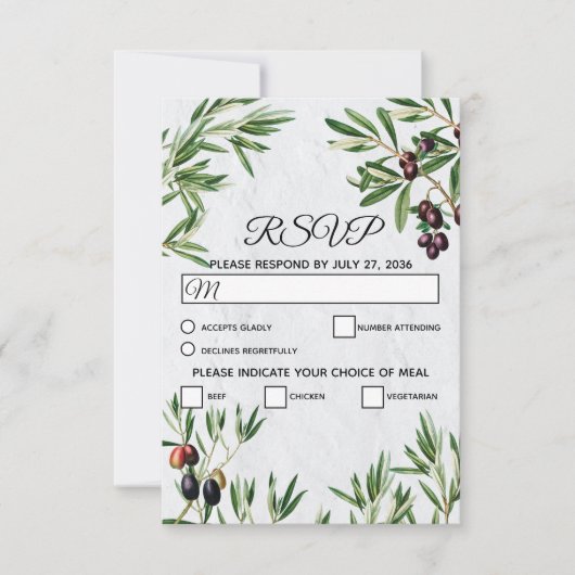 オリーブ葉地中海のギリシ結婚ア島 出欠カード (正面)