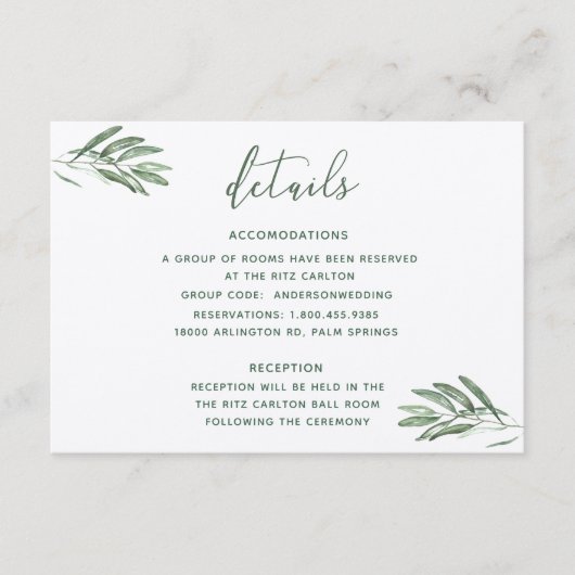 オリーブ葉結婚の詳細カード エンクロージャーカード (正面)