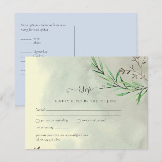 オリーブ葉結婚ズダスティブルーレモンRSVP ポストカード (正面/裏面)