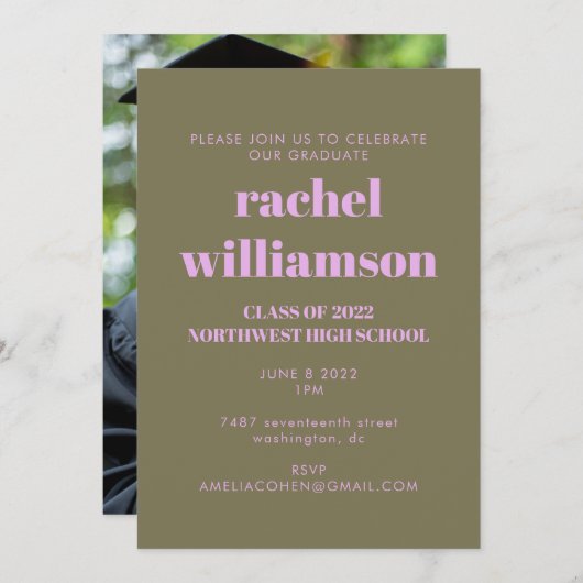 オリーブ薄紫クラス2024写真卒業パーティー 招待状 (正面/裏面)
