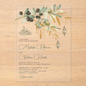 オリーブ金ゴールドブランチアラビアンランタン結婚イスラーム アクリル招待状 (正面)