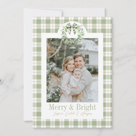 オリーブ金ゴールドプレイドリース名門私立校風のボウクリスマスカード (正面)