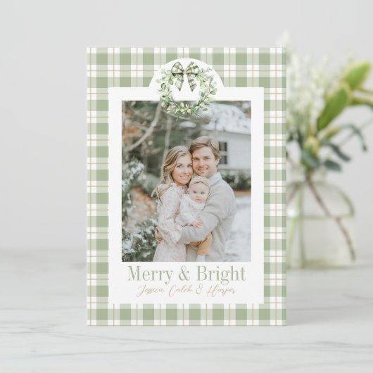 オリーブ金ゴールドプレイドリース名門私立校風のボウクリスマスカード (スタンド正面)