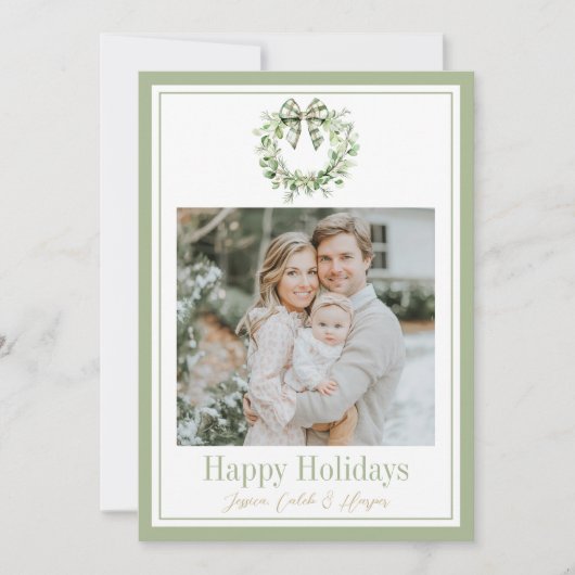 オリーブ金ゴールドプレイドリース名門私立校風のボウクリスマスカード シーズンカード (正面)