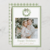 オリーブ金ゴールドプレイドリース名門私立校風のボウクリスマスカード シーズンカード (正面/裏面)