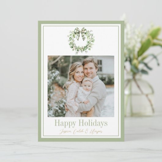 オリーブ金ゴールドプレイドリース名門私立校風のボウクリスマスカード シーズンカード (スタンド正面)