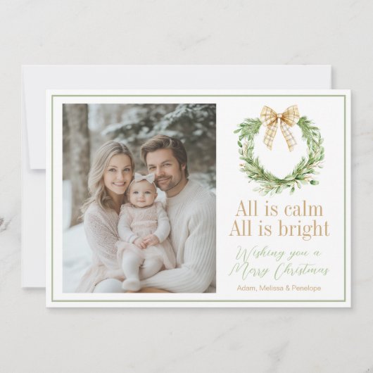 オリーブ金ゴールドプレイドリース名門私立校風のボウクリスマスカード シーズンカード (正面)