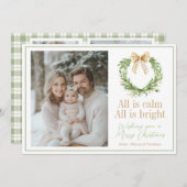 オリーブ金ゴールドプレイドリース名門私立校風のボウクリスマスカード シーズンカード (正面/裏面)