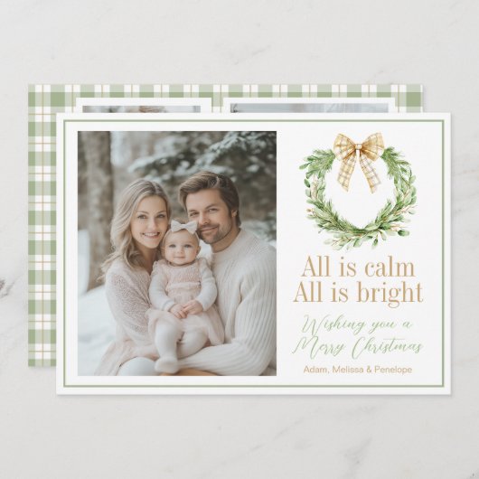 オリーブ金ゴールドプレイドリース名門私立校風のボウクリスマスカード シーズンカード (正面/裏面)