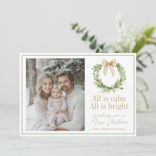 オリーブ金ゴールドプレイドリース名門私立校風のボウクリスマスカード シーズンカード (スタンド正面)