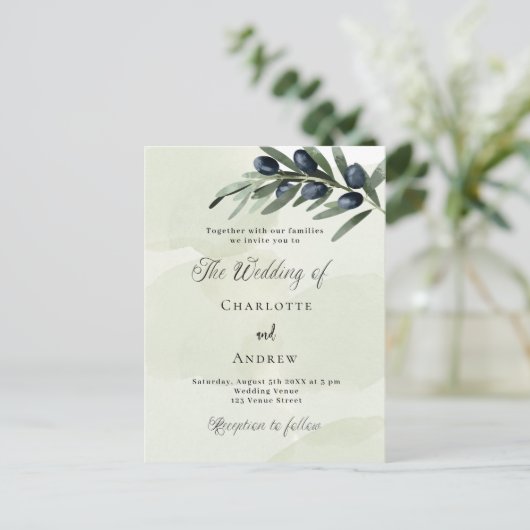 オリーブ離れの緑の水の色の結婚スクリプト インビテーションポストカード (スタンド正面)