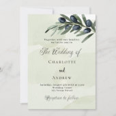 オリーブ離れの緑の水の色の結婚スクリプト 招待状 (正面)