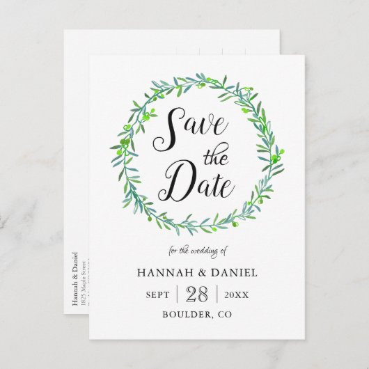 オリーブ離れリース結婚式日付を保存 案内ポストカード (正面/裏面)
