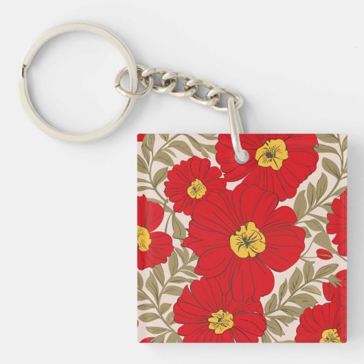 オリーブ鮮やかグリーンの赤い花のパタ離れーン キーホルダー (正面)