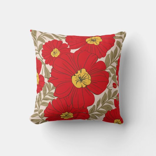 オリーブ鮮やかグリーンの赤い花のパタ離れーン クッション (正面)