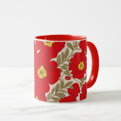オリーブ鮮やかグリーンの赤い花のパタ離れーン マグカップ (正面右)