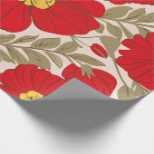 オリーブ鮮やかグリーンの赤い花のパタ離れーン ラッピングペーパー (角)
