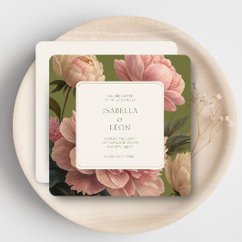 オリーブ＆アイボリー | ヴィンテージ フラワー ローズ ウェディング 招待状