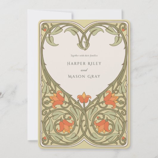 オリーブ&アプリコットインスパイアアールヌーボー結婚ズ 招待状 (正面)