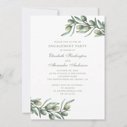 オリーブ。イタリアン婚約パーティ。夏用植物学 招待状 (正面)