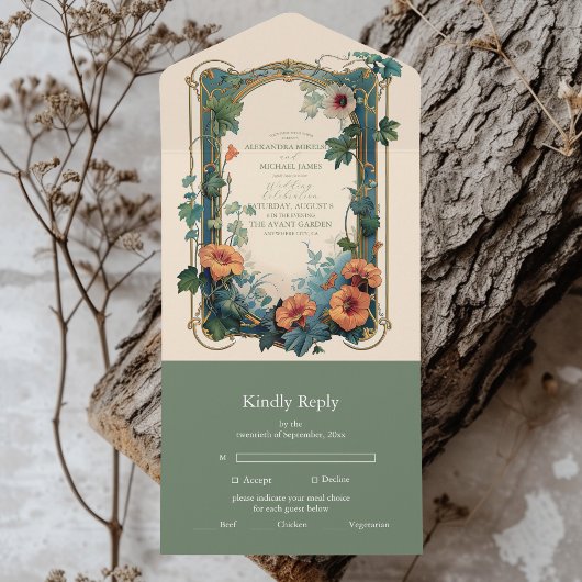 オリーブ＆オレンジのウェディング ヴィンテージ アールヌーヴォー フラワーズ オールインワン招待状