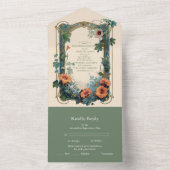 オリーブ＆オレンジのウェディング ヴィンテージ アールヌーヴォー フラワーズ オールインワン招待状 (内側)