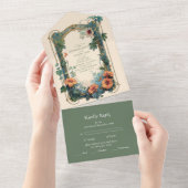 オリーブ&オレン結婚ジヴィンテージアールヌーボーフローラ オールインワン招待状 (貼ってはがせる)